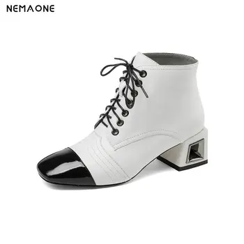 

NemaoNe 100% genuine leather women boots lace up ankle boots fashion square toe high heel ladies shoes for women
