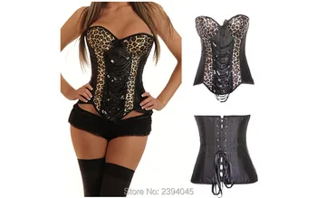 

Fashion Leopard Print Corset Sexy Deluxe Top Bustier Black Satin Overbust Corset XXL With Womens Lingerie Set