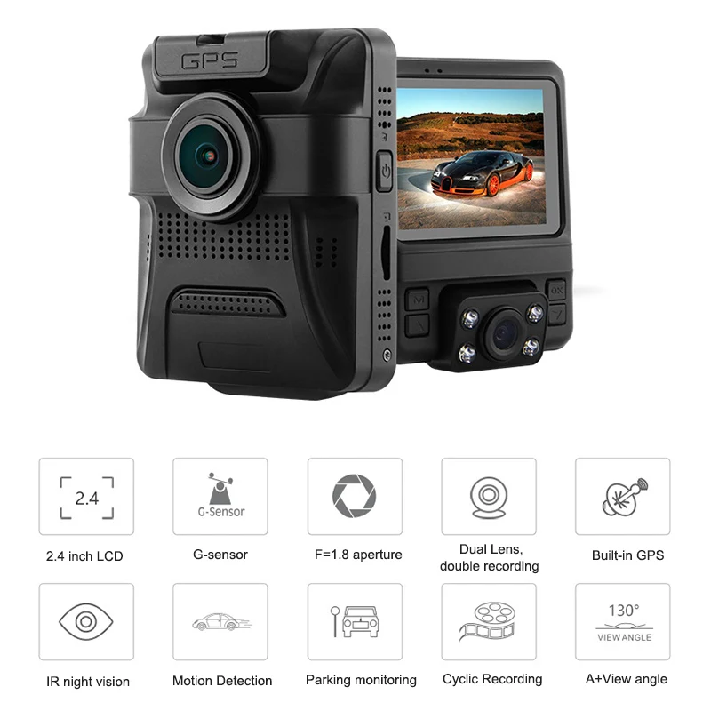 

2.4'' Car Camera Dual Lens Dvr Novatek 96655 Built-In Gps Track Function Ir Night Vision Front Full Hd 1080p Rear 720p Dash Cam