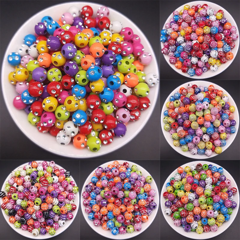 

Dia 8mm 9 Style Mixed Color Straight Hole Round Beads Geometric Spotted Ripple Charm Beads DIY Jewelry Accessories 60pcs/pack