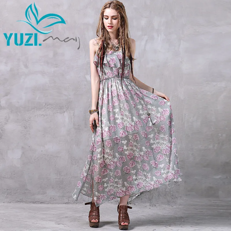 

2017 Summer Dress Yuzi.may Boho New Chiffon Women Vestidos Floral Print High Waist Ruffles Belted Strapless Dresses A8217