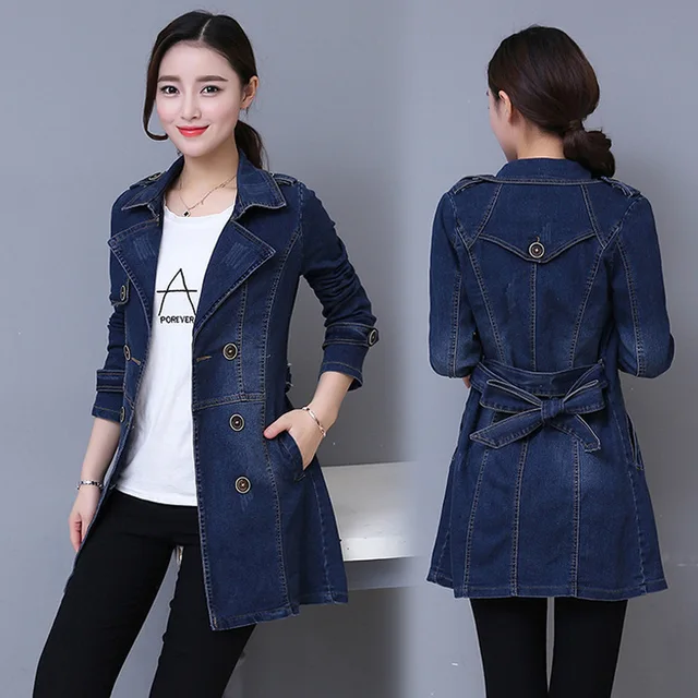 3970 Plus Size 4XL Long Denim Jacket Women Double Breasted Cowboy