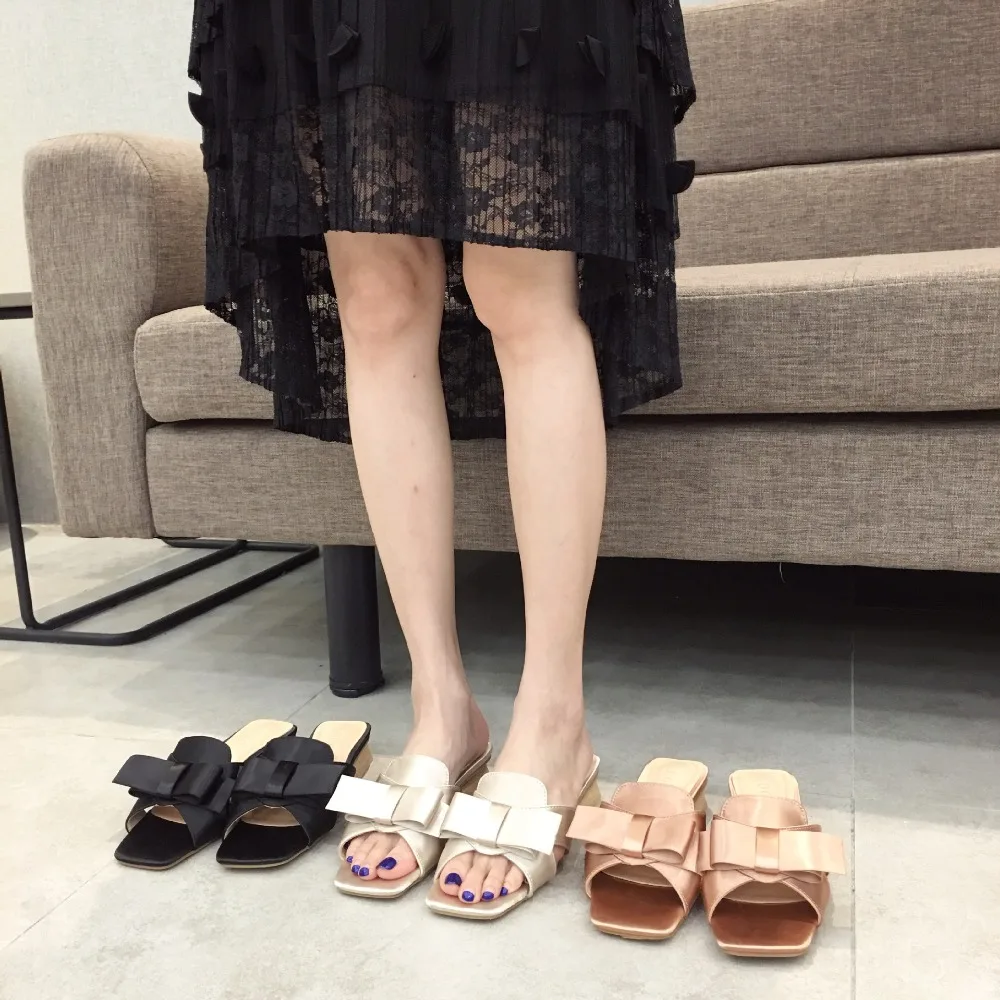 

2019 women Silk slipper summer shoes Med Sweet butterfly knot Hoof Heels block heels Butterfly-knot Slides silk riband woman