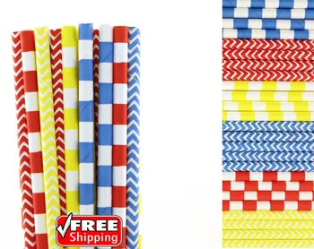 

150pcs Mixed 6 Designs Red Blue and Yellow Themed Paper Straws-Sailor Striped,Zig Zag Chevron Train Superhero Birthday Party DIY