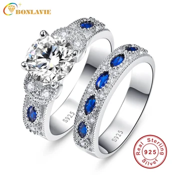 

BONLAVIE 1 Pair Blue Sapphire Couple Wedding Rings 100% 925 Sterling Silver Forever Love Romantic Lovers Finger Rings Jewelry