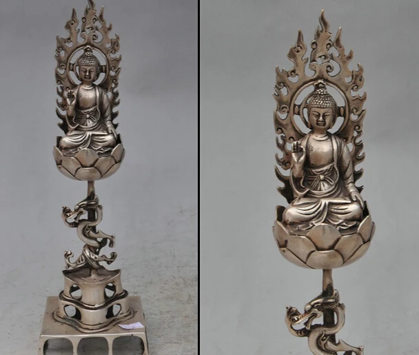

JP S62 13"Tibet Silver Dragon Shakyamuni Sakyamuni Buddha Bronze Temple Amitabha Statue