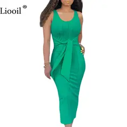 Liooil плюс размер зеленое облегающее сексуальное Макси платье для женщин 2019 модная повседневная Летняя одежда платье с круглым вырезом на