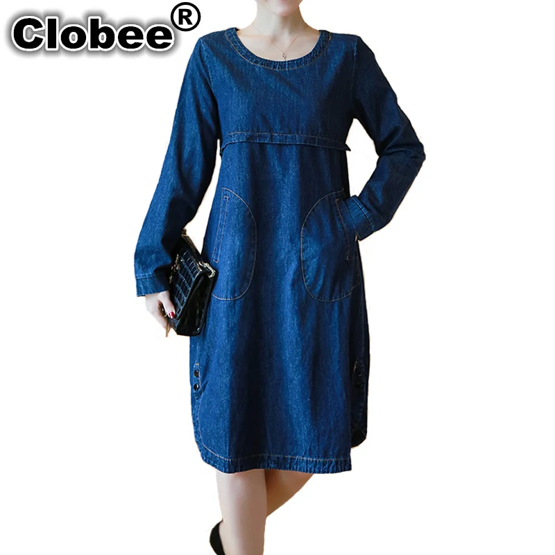 Clobee 2019 Spring Knee Length Tunic  Jean Dress  Ladies 