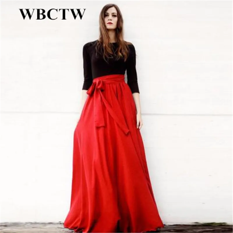 WBCTW Ribbons Waistline Black Pleated Skirt With Pockets A Line Floor