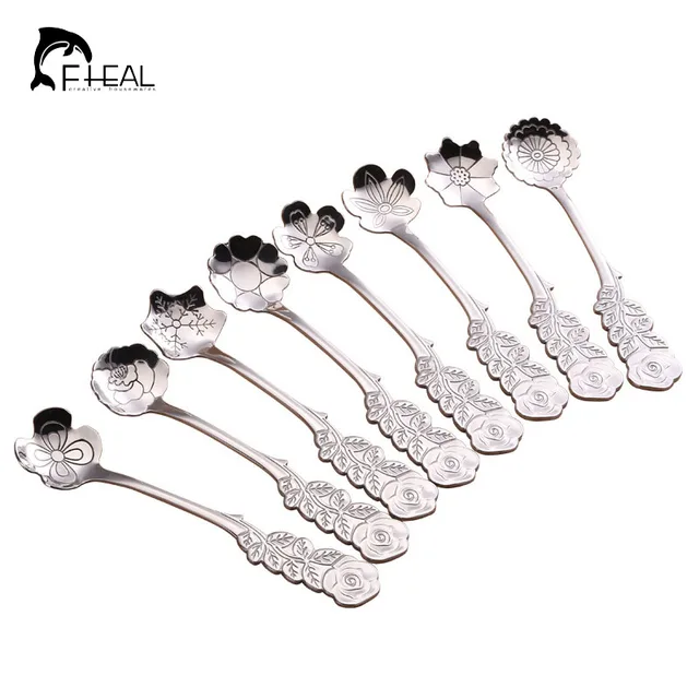 Best Price FHEAL 1PC Stainless Steel Coffee&Tea Spoon Creative 8 Styles Flower Spoon Drinking Tools Kitchen Gadget Flatware Tableware 