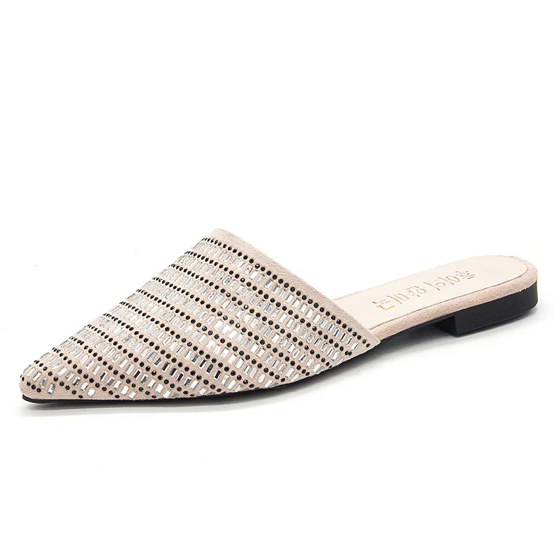 

2019 Spring Summer Velvet Slippers Women Shoes Flat Heels Lazy Loafers Pointed Toe Slides Breathable Flip Flops Mules