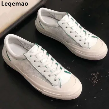 

New Fashion Lace Women Sneakers Air Mesh Japaned Leather High Quality White Breathable Round Toe Flats Woman Casual Shoes
