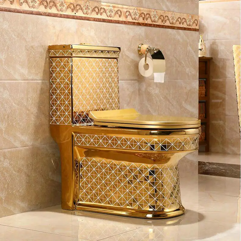 Artistic Golden Diamonds Style One Piece Closestool Siphon Jet Fluishing S-Trap Floor Mounted Luxious Villa Bathroom Seat Toilet