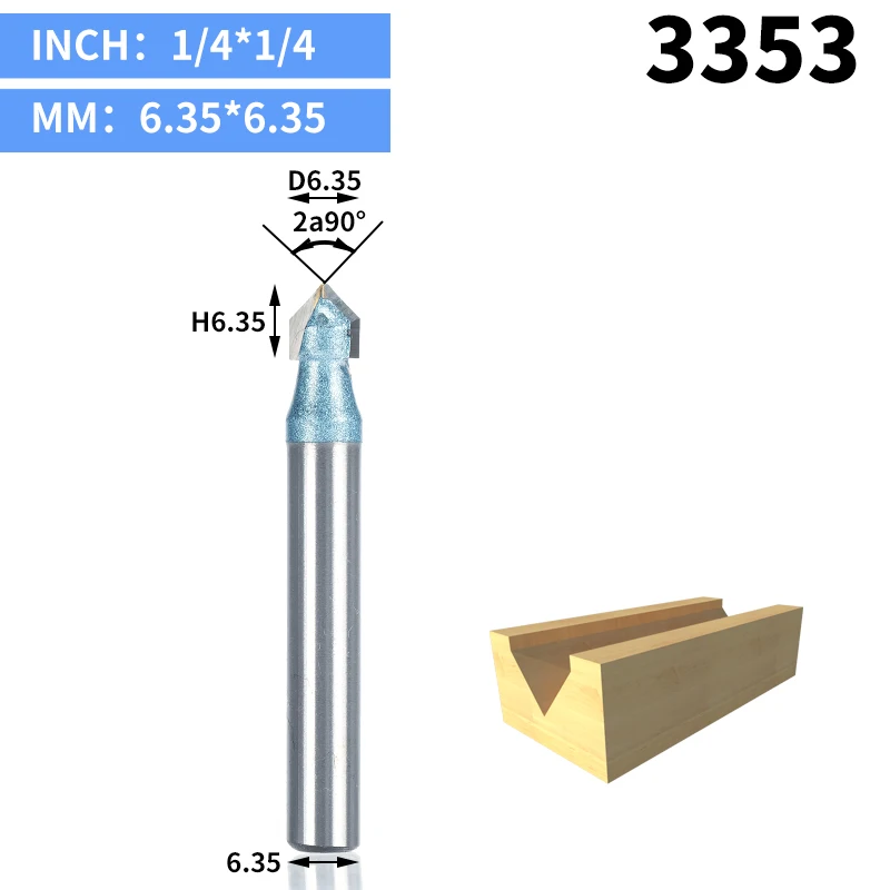 HUHAO 1 шт. 1/" 1/4" хвостовик промышленного класса фрезы для дерева 90 градусов V тип долбежный резак Вольфрам деревообрабатывающий резной инструмент - Длина режущей кромки: 3353
