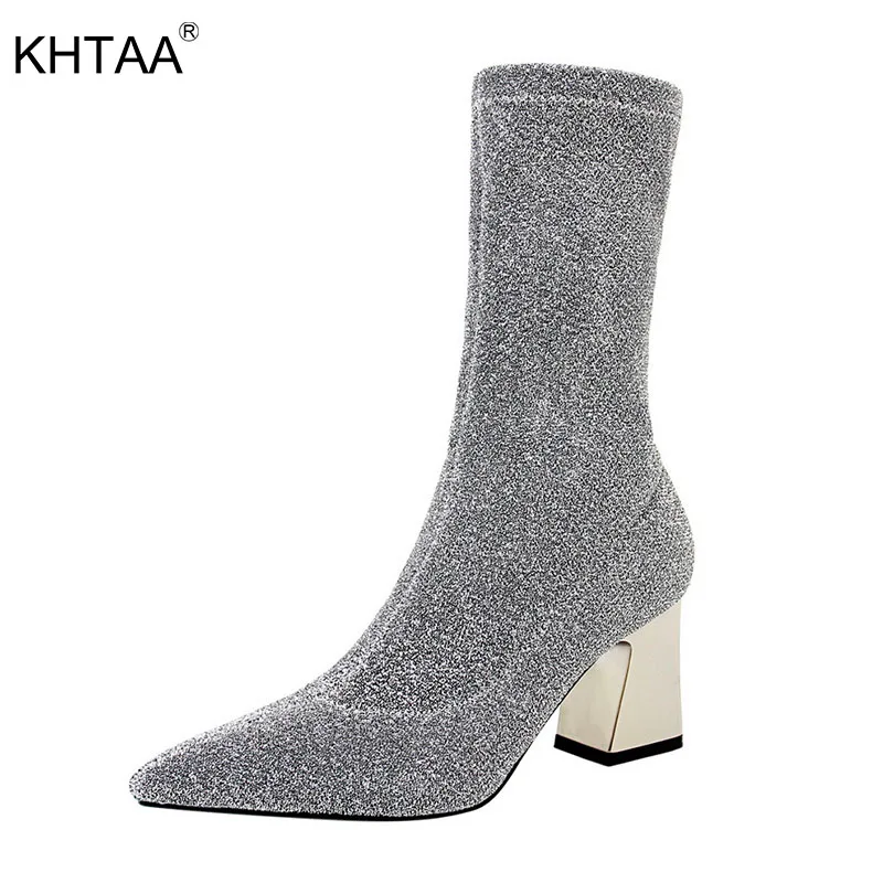 

KHTAA Winter Women Boots Bling Sequined Cloth Square High Heel Shoes Female Short Plush Warm Sexy Slim Night Club Footwear