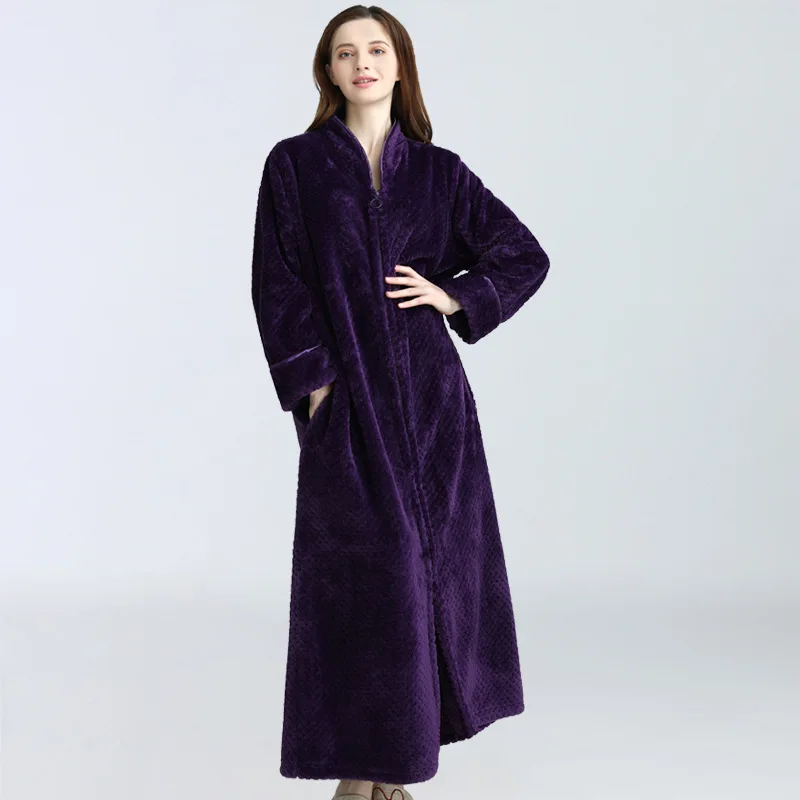 Women Long Zipper Robes Winter Full Sleeve Noble Bathrobe Soft Warm V Neck Sleepwear Dressing Gown With Pockets Szaty Vestaglie - Цвет: Фиолетовый