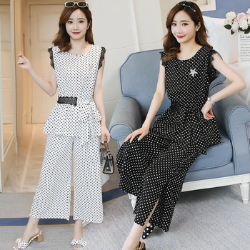 

2019 Summer Fashion Casual 2 Pcs Set Bow Sleeveless Lace Patchwork Women's Sets Dot Loose Korean Brief Two Piece Set