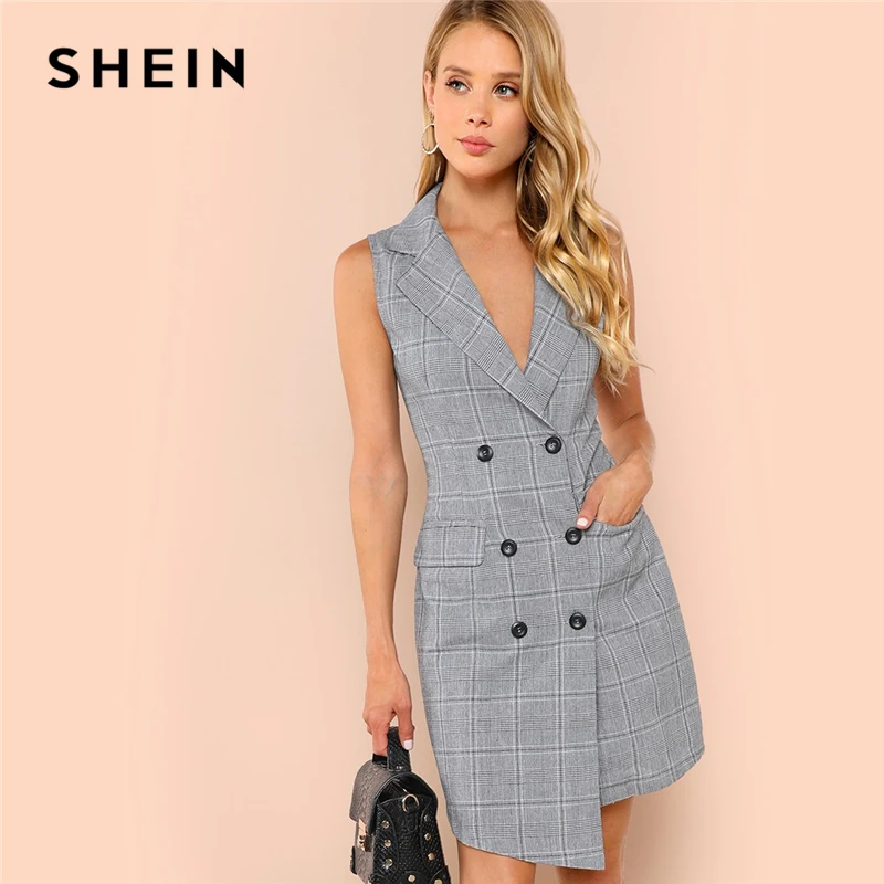 

SHEIN Black and White Elegant Notch Collar Double Breasted Surplice Wrap Dress 2018 Summer Slim Modern Lady Women Dresses