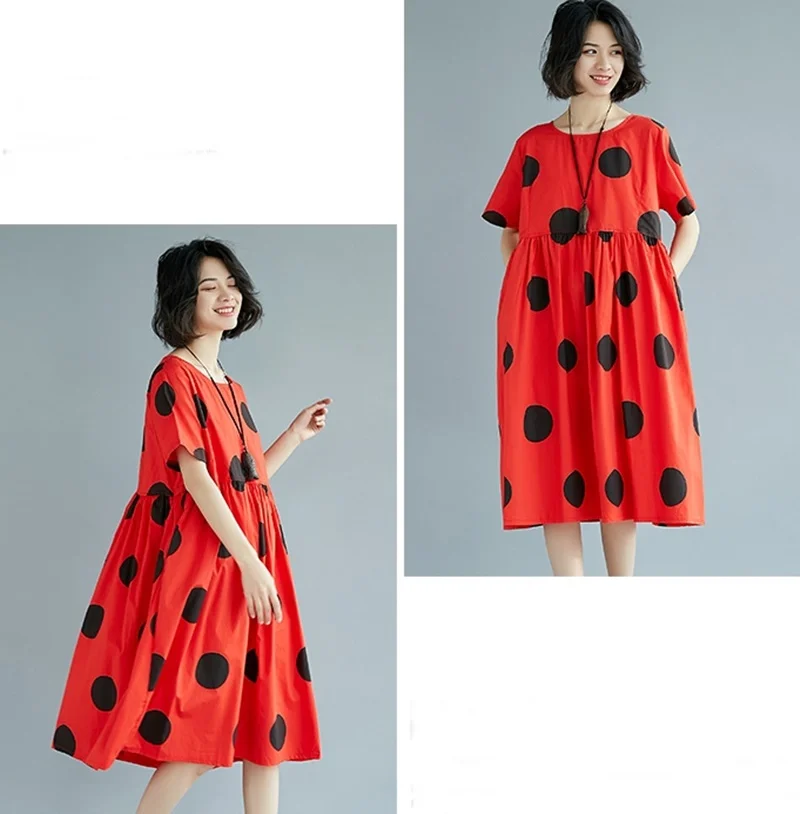 Красные летние платья, корейская мода, винтажное платье в горошек, китайский стиль, женское льняное свободное платье миди, элегантное платье TA1653