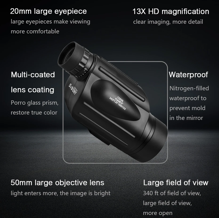 Binoculo de Alta Telescópio à Prova Água para Caminhadas Observação de Aves de Caça de Acampamento Svbony Monocular Luneta Binóculos Potência d' Turismo 13x50 Sv49 13 High Quality Ferramenta