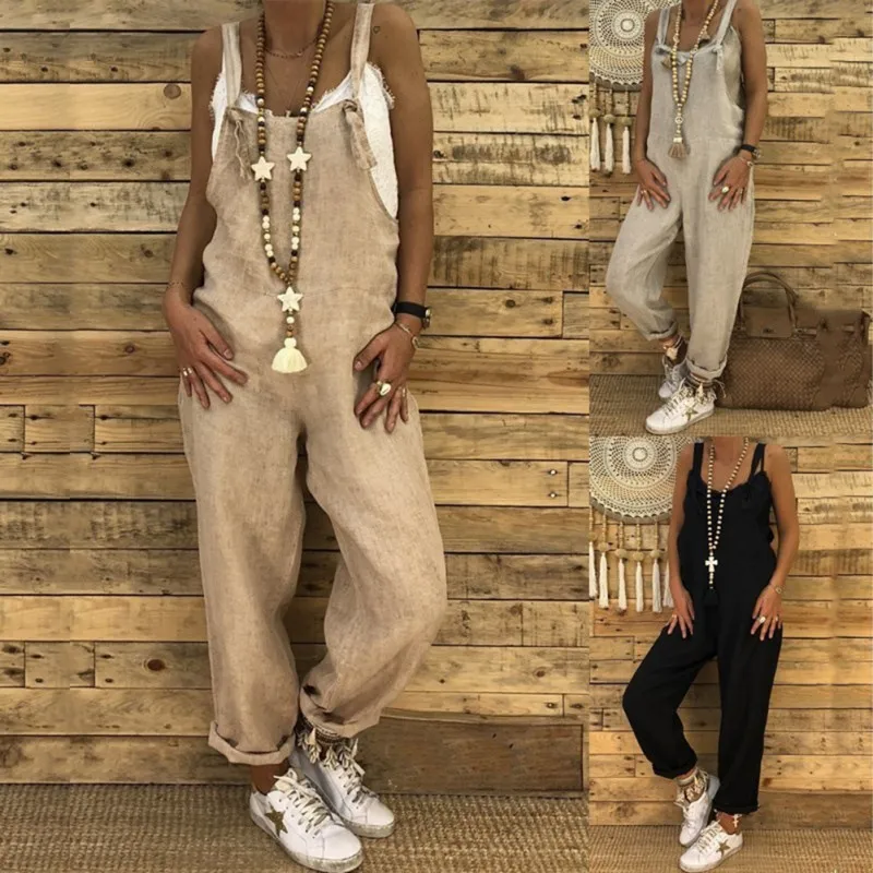

Plus Size Women Linen Bib Overalls Loose Casual Large Size Hemp Cotton solid color Jumpsuits Punk Style Female Harem Pants