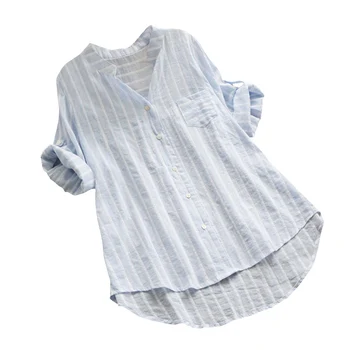 

New Summer Shirt Cotton Linen Stripe Casual Half Sleeve Shirts Loose Pocket Women Tops Ladies Clothing