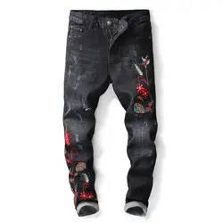 Newsosoo Мужская мода цветок вышитые джинсы черные узкие Цветочные Джинсовые брюки царапины с вышивкой Размеры 29-38 мыть