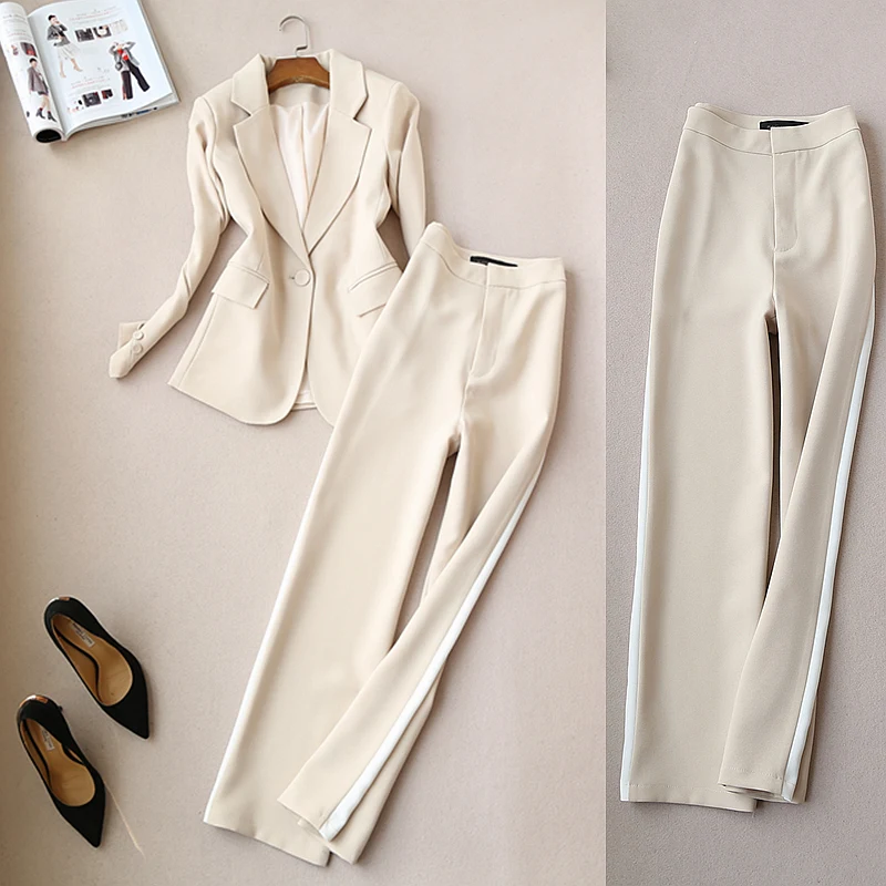

2019 Autumn New Women Pure Color Notched Collar Single Button Suit Jacket Coats + High Waist Straight Pants 2 Piece Pants Suit