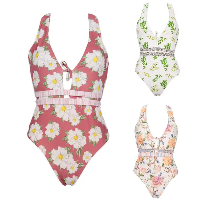 

Womens Sexy One Piece Bikini Halter Deep V-Neck Boho Floral Monokini Bowknot Cross Bandage Backless Swimsuit Hollow Out Strappy