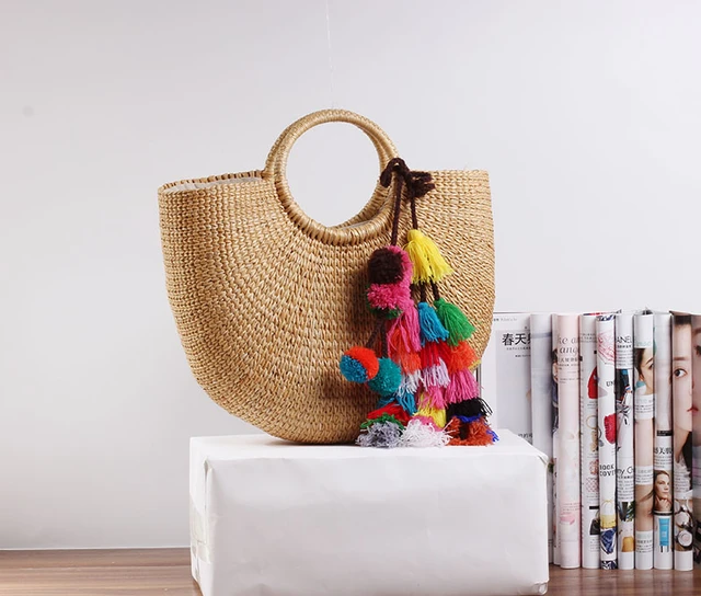 Sac paille top avec pompon