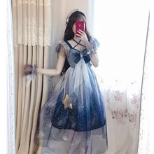 Сетчатое платье в стиле «лолита», «звездное небо», «Сейлор Мун», с большим бантом, платье на бретельках, голубое и белое градиентное милое платье для девочек