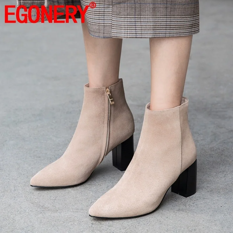 

EGONERY woman shoes 2019 autumn newest fashion sexy pointed toe cow suede ankle boots outside high heels zip shoes drop shipping