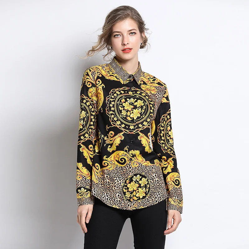 

2019 Spring Ladies Blouses Brand Runway Designers Womens Tops and Blouses Elegant Long Sleeve Leopard Print Vintage Casual Shirt