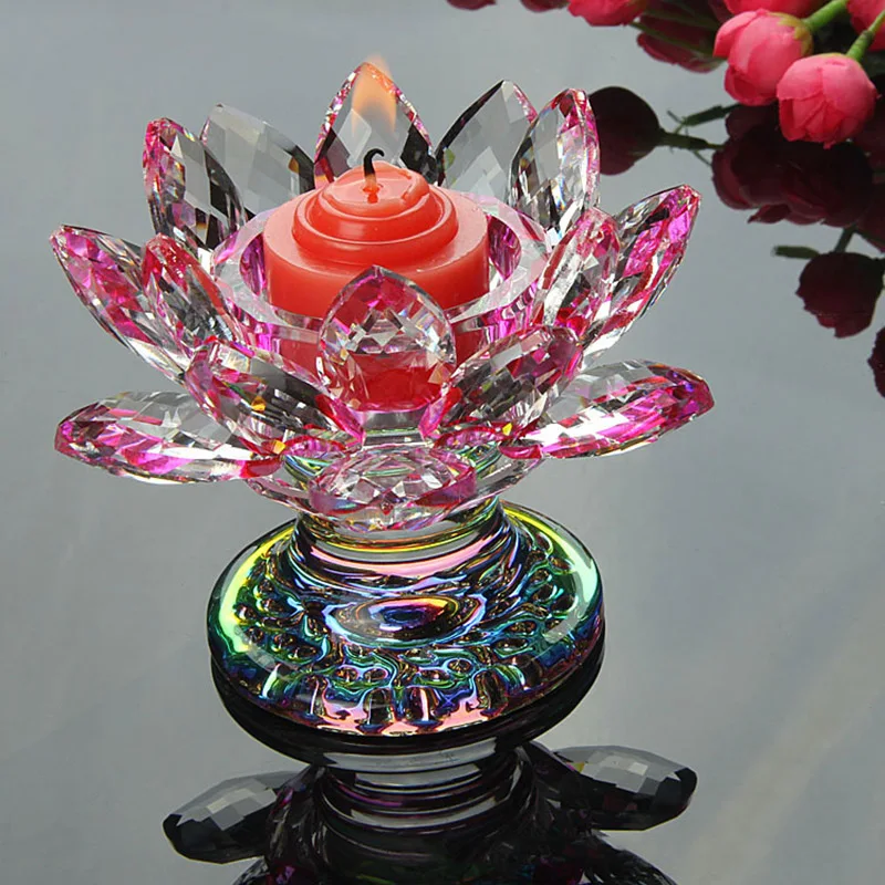 

Creative Home Decor Hand Made Crystal Candle 7 Color Holder Glass lotus Candle Holders Buddhist Decoration Craft Candlestick