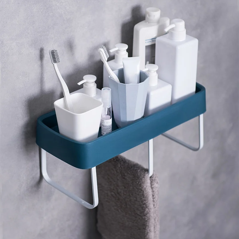 

Self-Adhesive Plastic Bathroom Shelf Wall Mounted Shower Caddy Storage Organizer With Three Towel Bars Kitchen Spice Holder