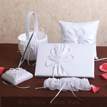 

5Pcs/set White bow Satin Wedding Decoration Ring Pillow Flower Basket Guest Book Pen Garter set Bridal Products Supplies
