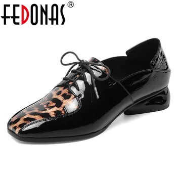 

FEDONAS Classic Design Women Square Toe Lace-up Casual Pumps Spring Summer Sexy Leopard Genuine Leather Basic Office Shoes Woman