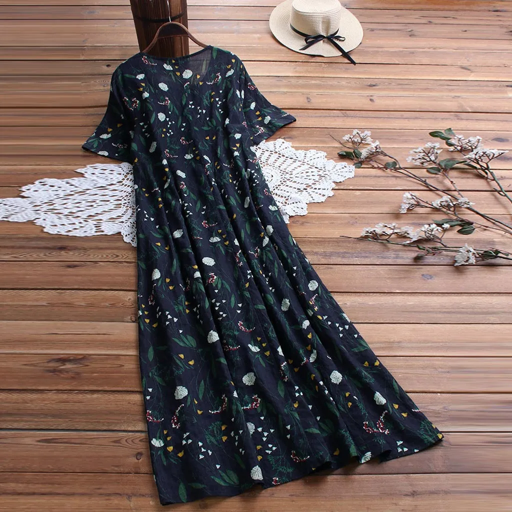 Women Summer Dress Pleated Leaves Floral Print O-Neck Short Sleeve Vintage Maxi Dress Female Fashion Vestidos Plus Size M40