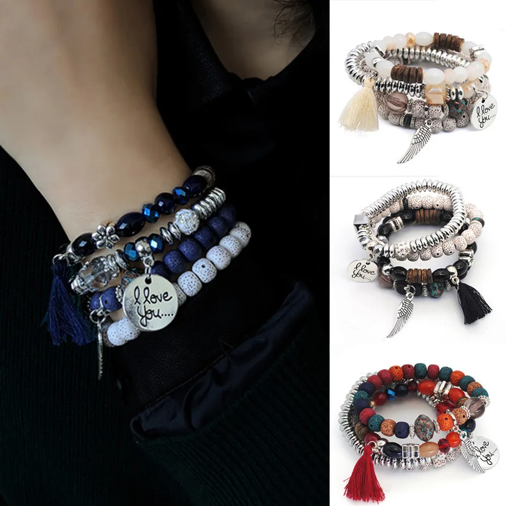 

4PC I Love You Natural Stone Crystal Beaded Multilayer Bracelet Ladies Jewelry