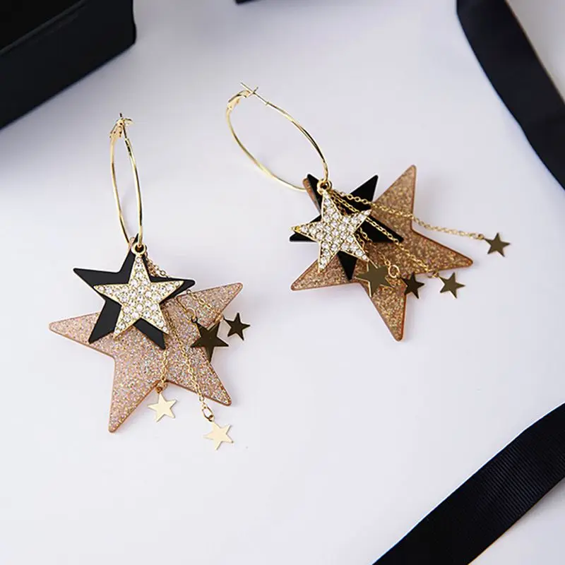 new fashionable design exaggerated multiple sequins pentagonal star tassel circle earrings