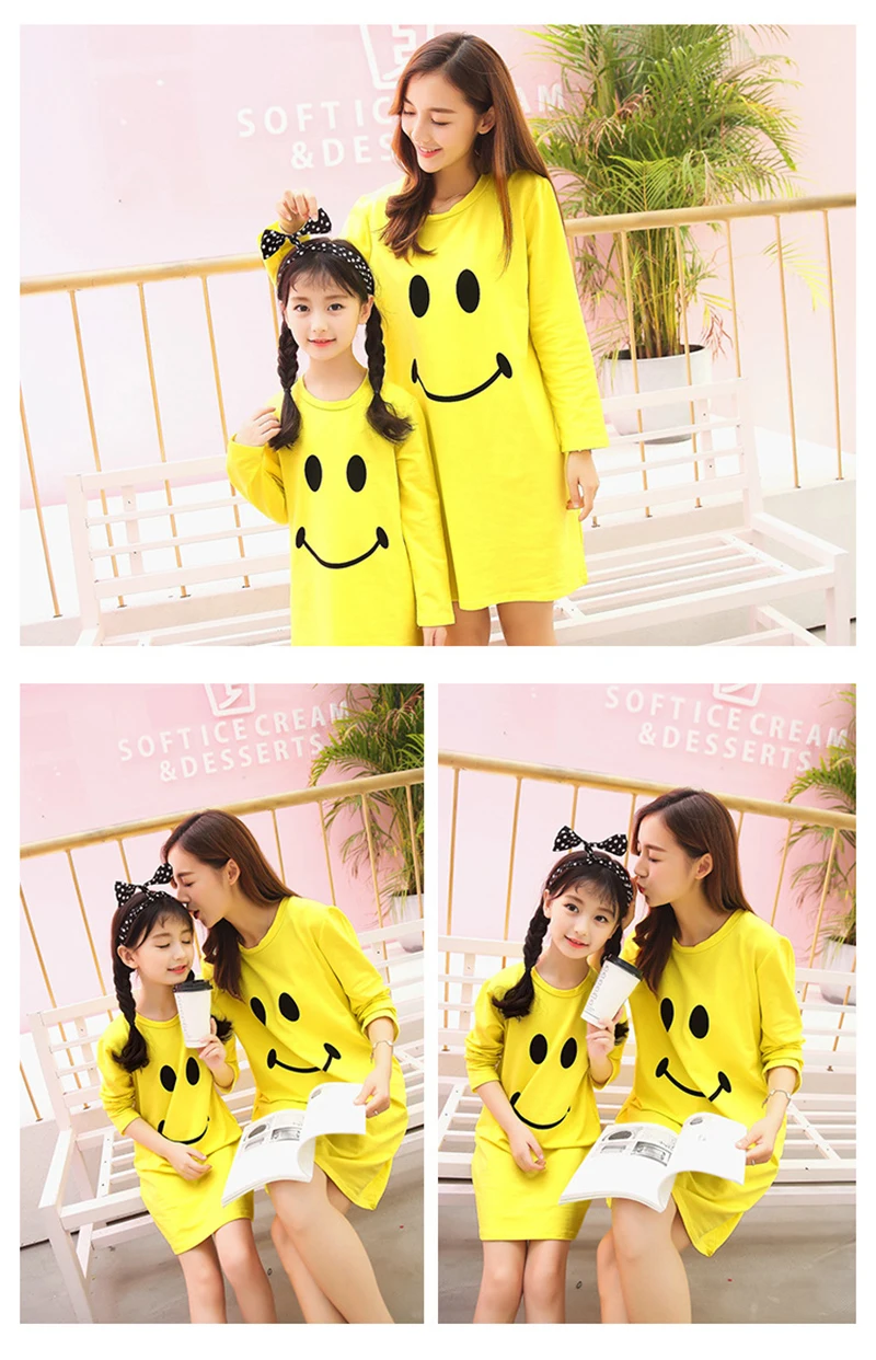 Mummy Daughter Dresses Smile Face Cartoon Print Mom and Me Clothes Baby Girls Clothing Family Matching Outfits Mother & kids (5)