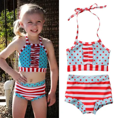 

Lovely Kid Baby Girls 2Pcs Bikini Polka Dot Print Swimwear Halter Bandage Swimsuit High Waist Bathing Suit Backless Beachwear