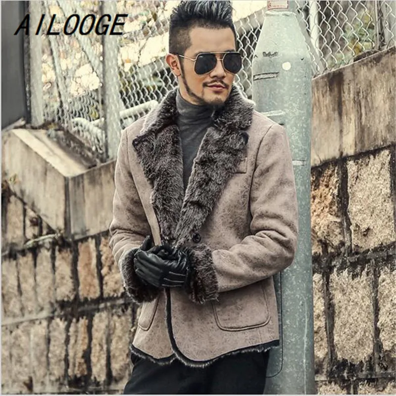 

AILOOGE New Winter Male Slim Double Breasted Faux Leather Jacket Men Brand Retro Leather Jacket Coat Warm Fur Collar Windbreaker