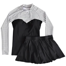 Купальный костюм для девочек-подростков; комплект из двух предметов; Купальник; юбка; одежда для плавания; купальный костюм; Однотонный полосатый лоскутный От 10 до 17 лет для больших девочек