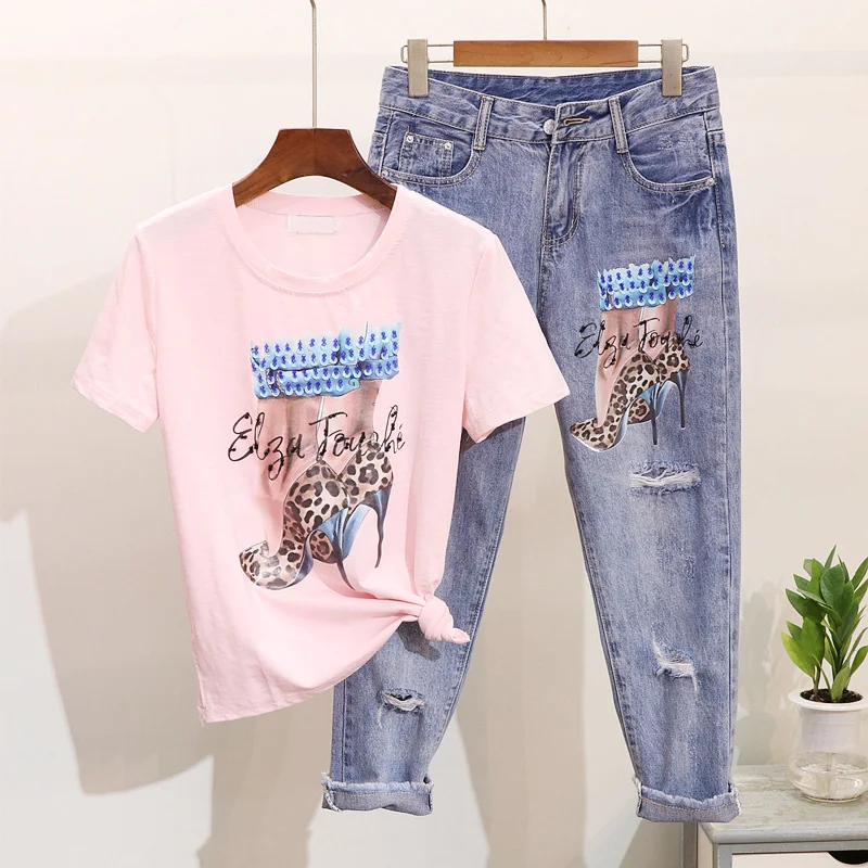 

2019 spring summer 2 pieces jeans suits shoes Sequined Tshirt tops + jeans pants set Women two piece set tracksuit