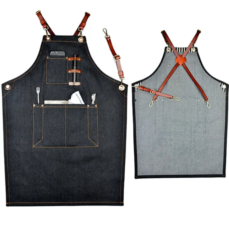 Gray Denim Apron Cowhide Leather Strap Baker Barista Bartender Chef Uniform Florist Barber Hairdresser Painter Work Wear K18