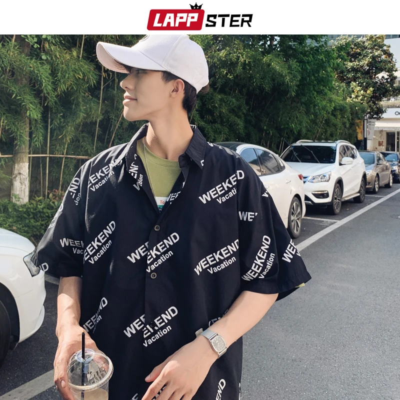 Lappster человек в Корейском стиле; Модная белая рубашка летняя футболка с коротким рукавом кроя Винтаж Письмо Свободные уличная рубашки 5XL