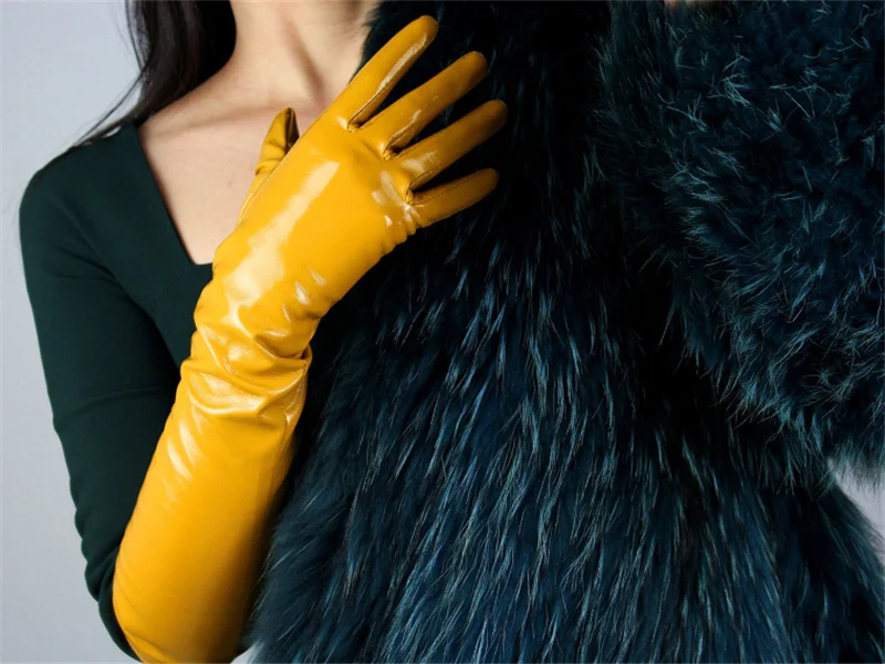 Женские лакированные кожаные перчатки длиной 60 см, имитирующие локоть кожаные перчатки из искусственной кожи, ярко-желтые QPJH-5