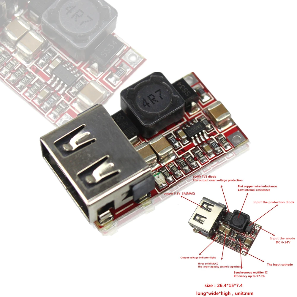 

DC 6-24V 12V/24v to 5V USB Output Charger Step Down Power Module Mini DC-DC Step Up Boost Module Power Adjustable Buck Converter