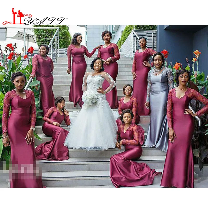 Maniche lunghe In Pizzo Africano Nero Ragazze Lunghi Abiti Damigelle  D'onore 2016 Hot Plus Size Scollo A V Damigella d' Onore Abiti Da Sposa  Ospiti Portano|dress it up beads|lace dresses cheaplace angel -